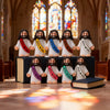 A set of twelve mini Jesus figurines with long black hair and beards standing in front of a stained glass window.