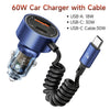 60W USB-C Car Charger with Built-In Spring Cable
