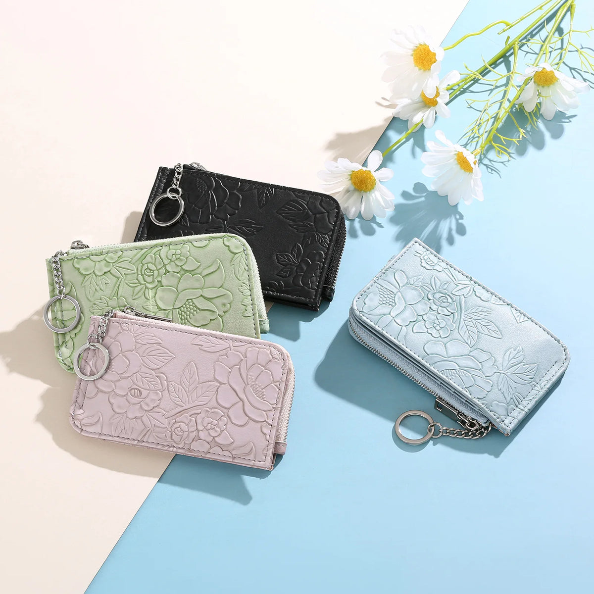Embossed Zip Coin Purse with Key Ring and Card Slots