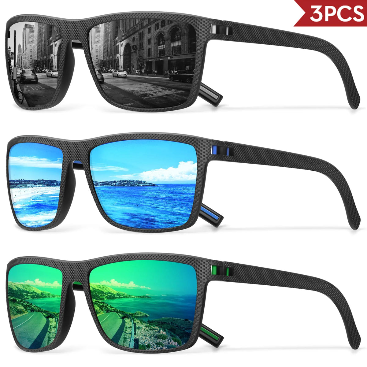 Three pairs of polarized square sunglasses shown in black, blue, and green lenses with black frames.