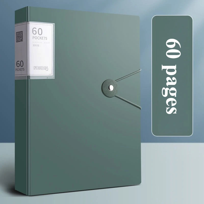 A green A4 expanding file organizer with a silver lock and a separate card showing 60 pockets.