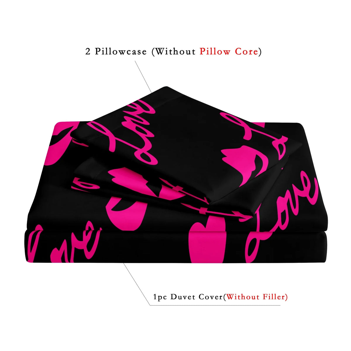 A set of 2 pillowcases and 1 duvet cover featuring a playful pink lips print on a black background.