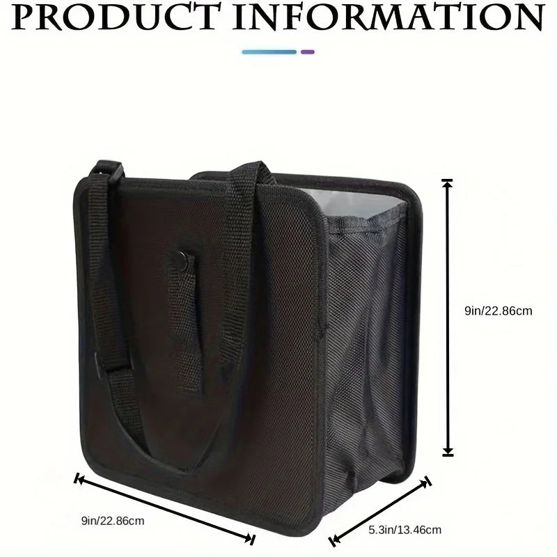 A black foldable car trash can and organizer with a waterproof liner shown from the side.