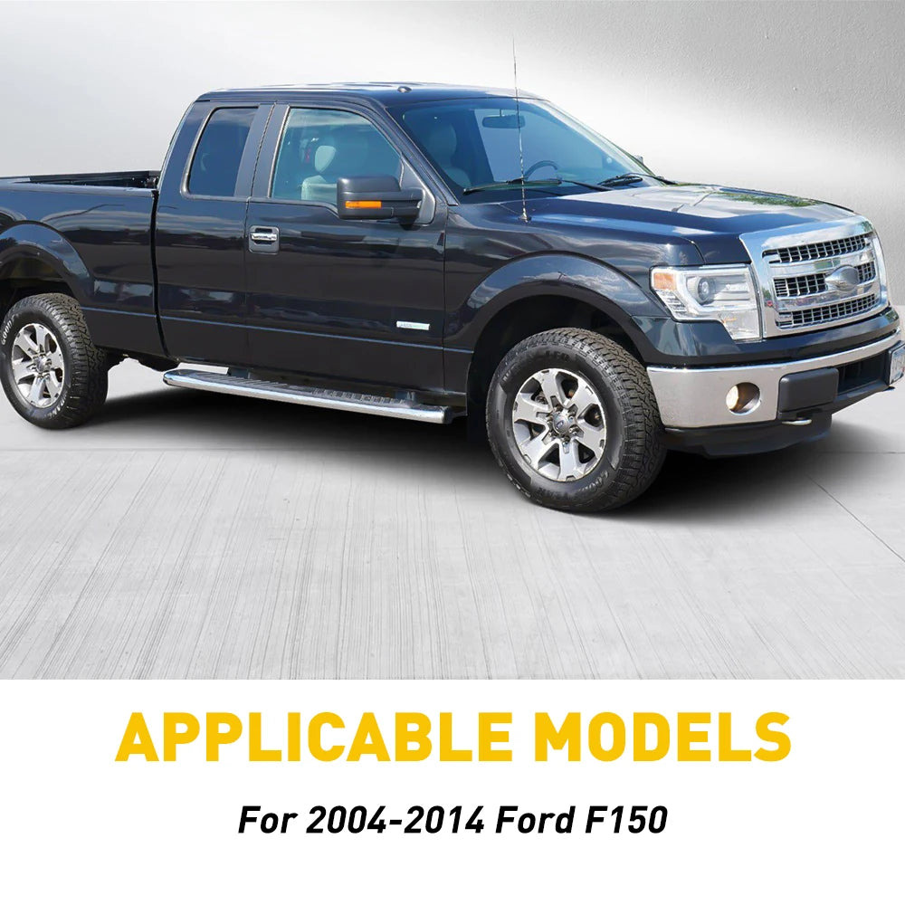 Glossy black pillar post trim set for a Ford F-150 truck.
