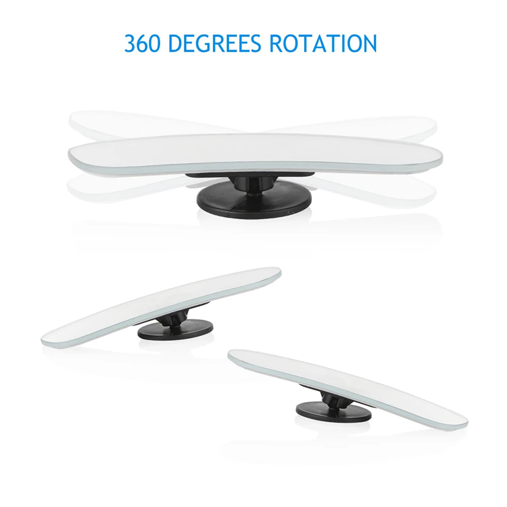 A white blind spot mirror with a black base, demonstrating 360 degrees rotation.