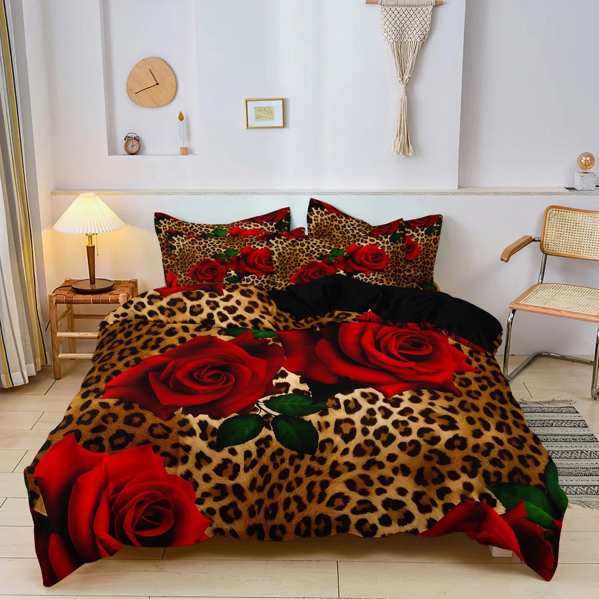 3-Piece Leopard Rose Print Duvet Cover Set