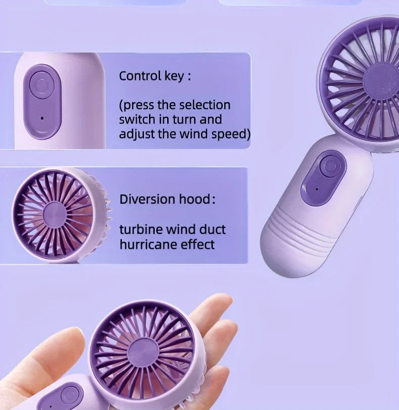 A purple mini USB rechargeable handheld fan with a turbine wind duct hurricane effect is shown in various views.