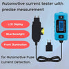 An automotive current tester device with an LCD display, blue backlight, and front illumination, connected by a black cable.