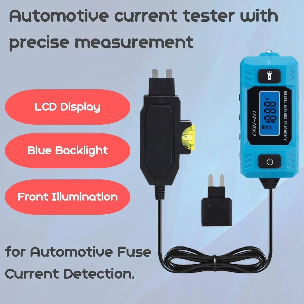 An automotive current tester device with an LCD display, blue backlight, and front illumination, connected by a black cable.