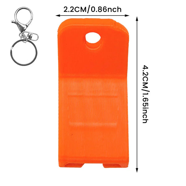 Orange keychain can and bottle opener with dimensions 2.2cm by 4.2cm.