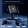 A black quick-release phone mount is shown mounted on a motorcycle, bicycle, and electric scooter.