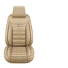 A beige universal PU leather car seat cover for a single front seat, featuring stitching and a small flag emblem.