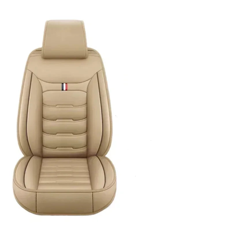 A beige universal PU leather car seat cover for a single front seat, featuring stitching and a small flag emblem.