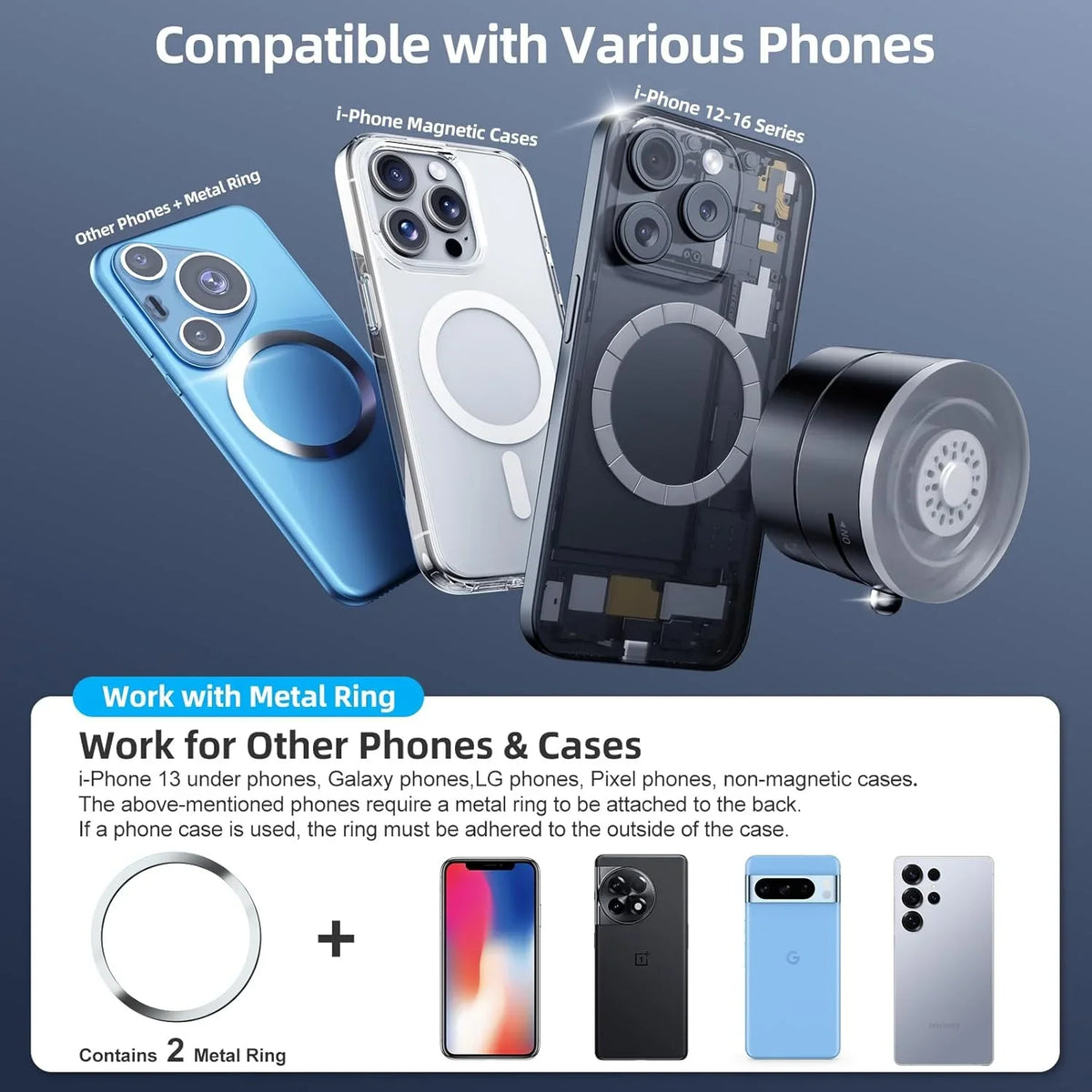 A magnetic phone mount with a suction cup is shown compatible with various iPhone and other phones.
