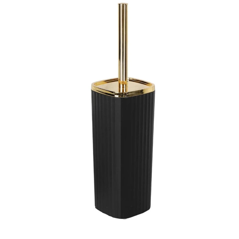 A black toilet brush set with a gold rotating stand.