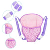 Pink doll carrier backpack with purple adjustable straps and patterned fabric