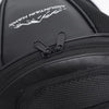 Black motorcycle tail bag with a zippered compartment and branding on the interior