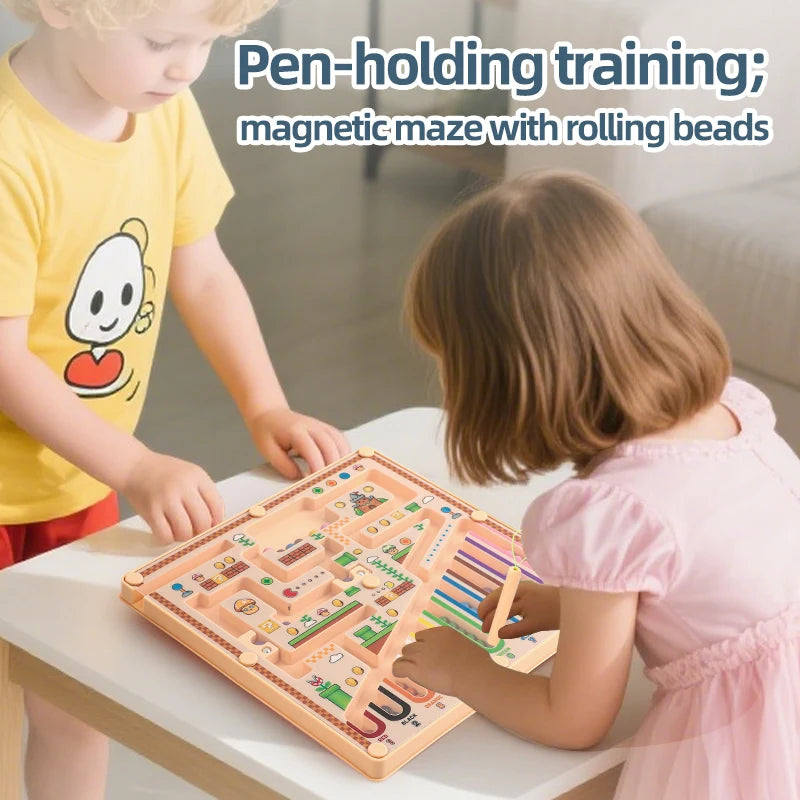 A young girl is playing a magnetic maze with rolling beads on a wooden board with a boy nearby.