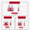 Three sizes of red car blade fuse assortment kits shown with storage boxes and individual fuses.