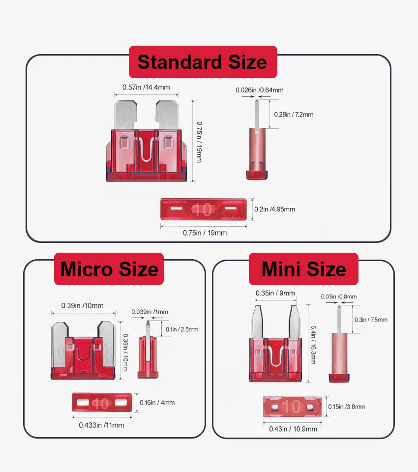 Three sizes of red car blade fuse assortment kits shown with storage boxes and individual fuses.