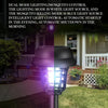 A black solar-powered mosquito zapper light fixture installed near a house entrance.