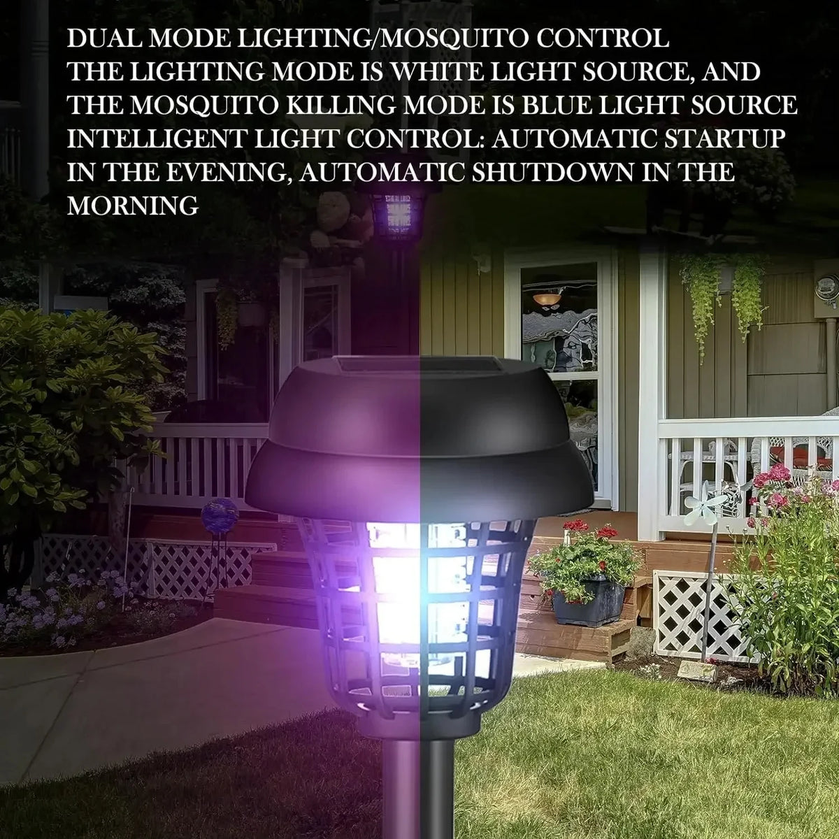 A black solar-powered mosquito zapper light fixture installed near a house entrance.