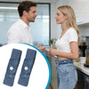 A pair of navy blue adjustable elastic belts are shown next to a woman in a kitchen setting.