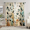 A pair of sheer curtains featuring an abstract leaf print in shades of green, brown, and beige.