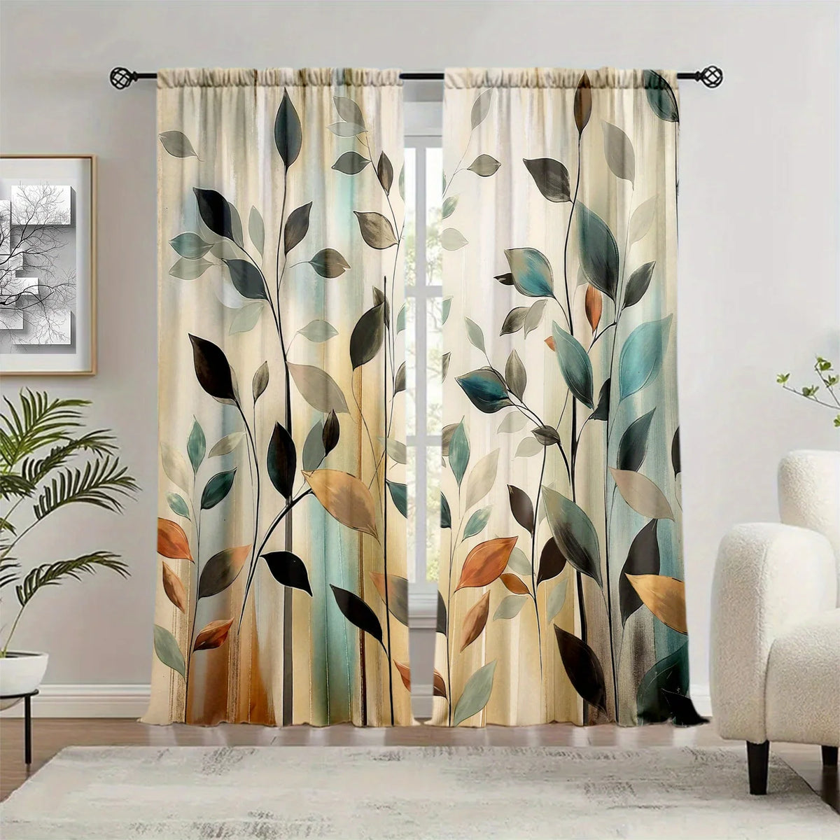 A pair of sheer curtains featuring an abstract leaf print in shades of green, brown, and beige.