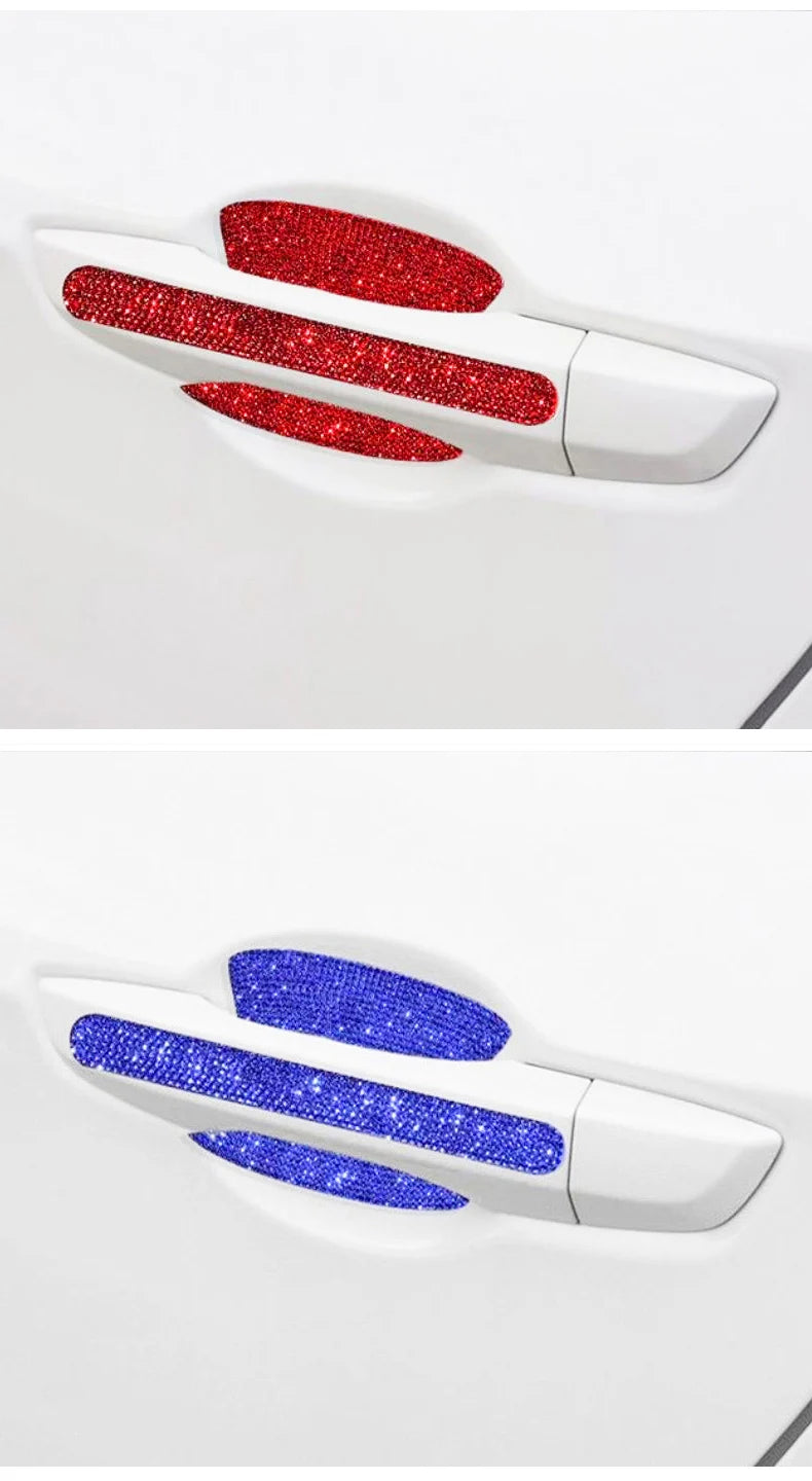 A set of car door handle scratch protection stickers in red and blue glitter on a white background.