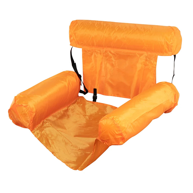 Orangefarbener aufblasbarer Wasser-Hängematten-Liegeplatz mit rechteckiger Überdachung und flacher Matte.