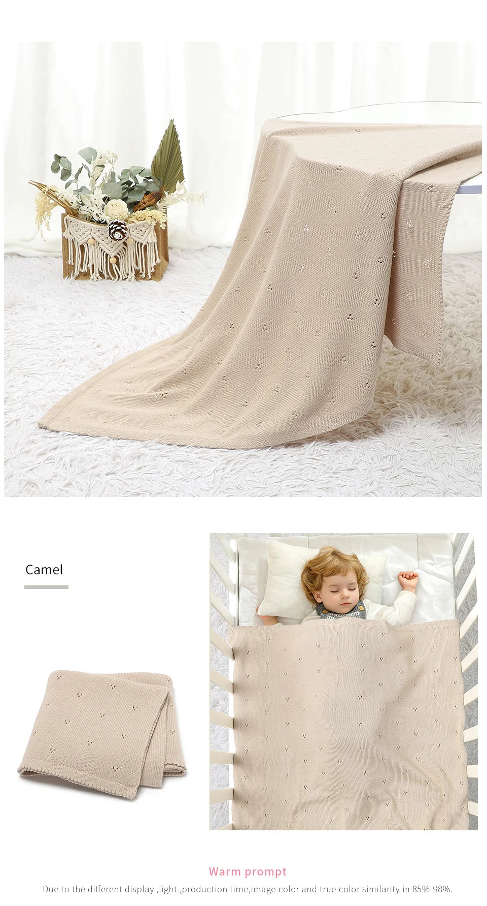 A beige soft cotton baby blanket draped on a table, next to a folded blanket and a child using it.
