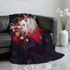 A dark purple and red throw blanket featuring a stylized, flamboyant circus character design.
