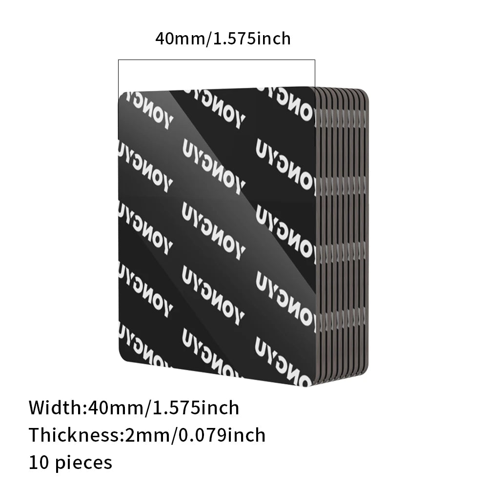 A stack of ten black double-sided adhesive pads, 40mm wide and 2mm thick, for mounting devices.