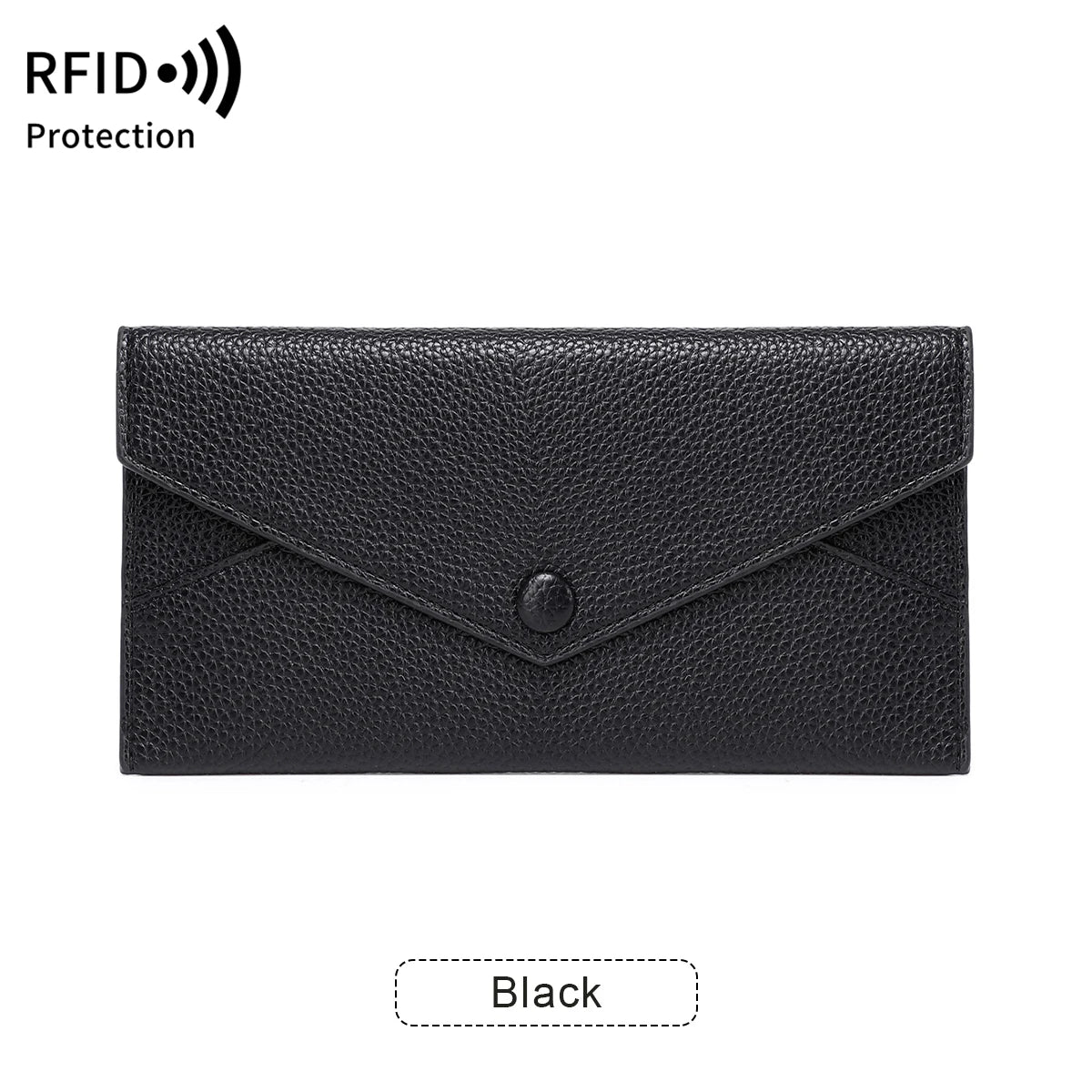 Black slim RFID-blocking PU leather wallet shown flat