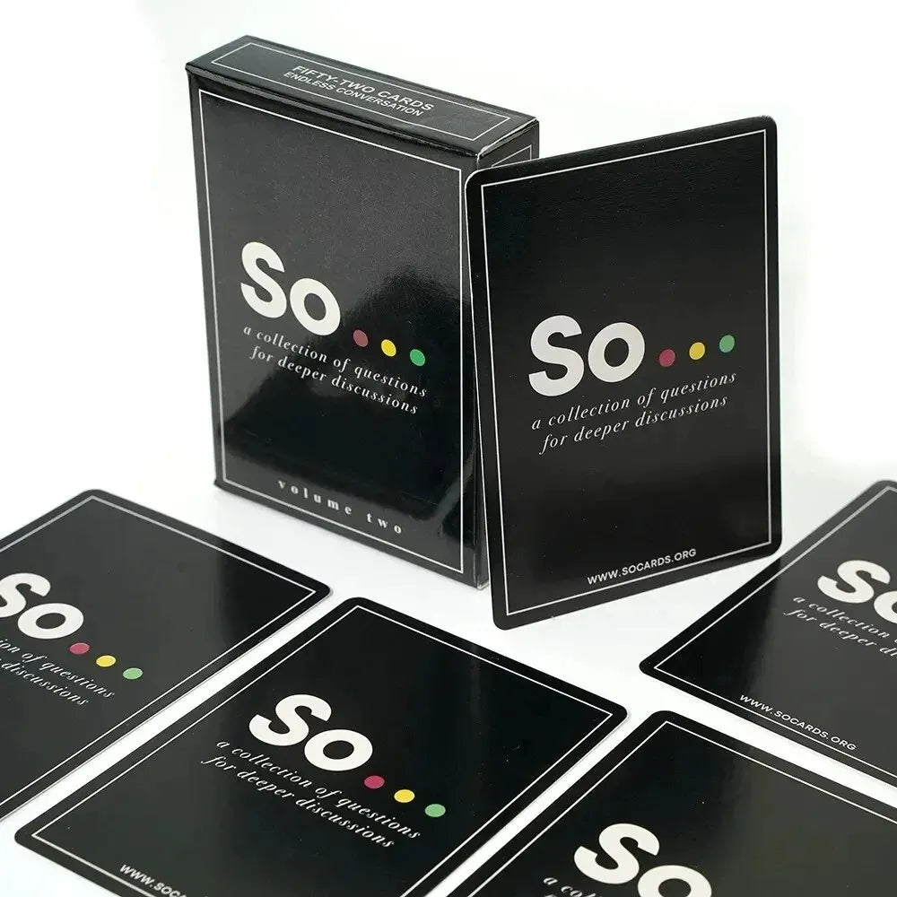A set of black cards and a box titled So volume two for deeper discussions.