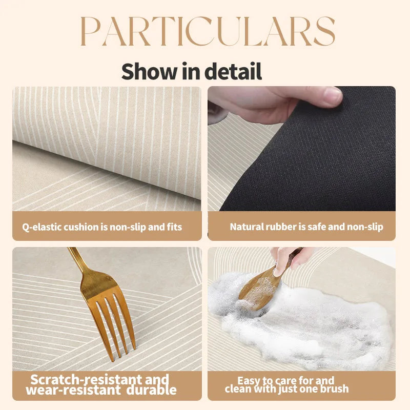 Close-up shots of a black mat showing its non-slip features, durability, and ease of cleaning with a brush.