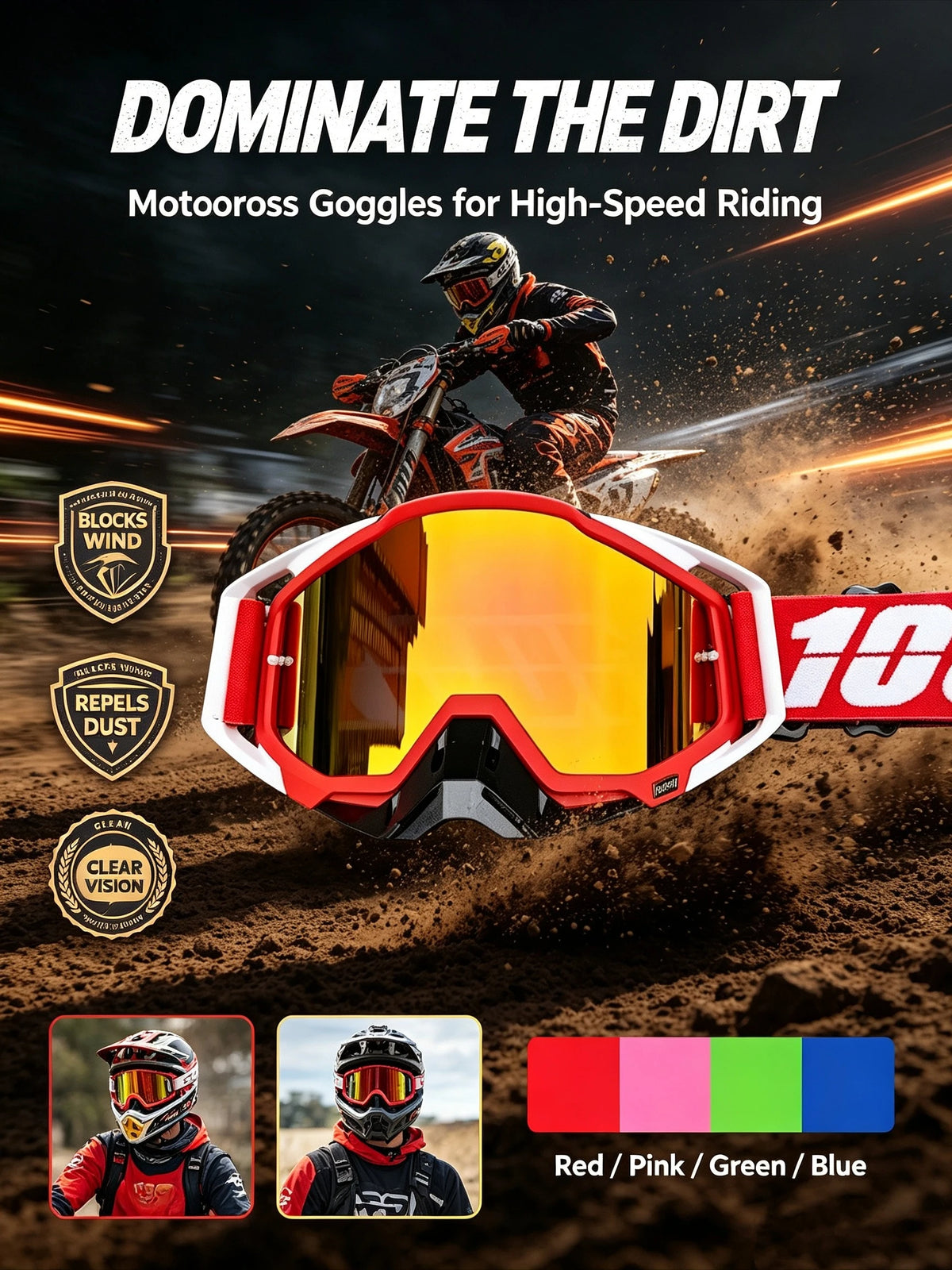 A pair of red and pink motocross goggles with a yellow lens are shown in an action shot on a dirt bike.