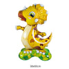 A yellow dinosaur foil balloon with a textured head and body, resting on green foliage.
