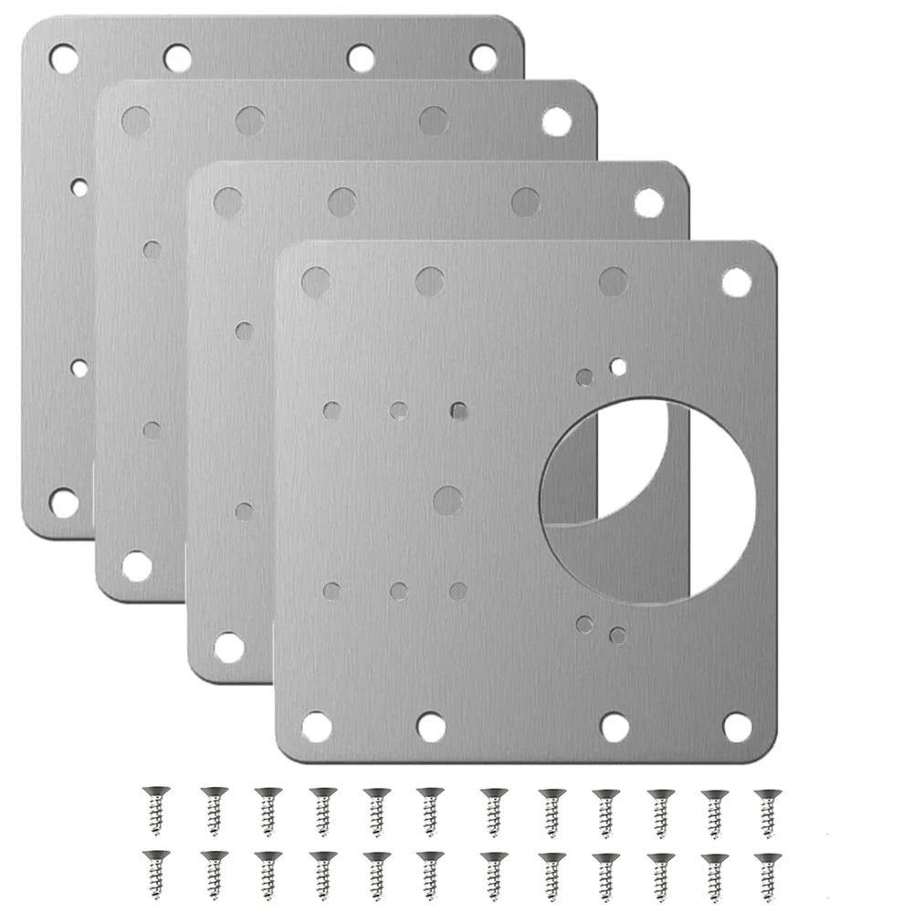 Four silver cabinet hinges with mounting plates and screws.