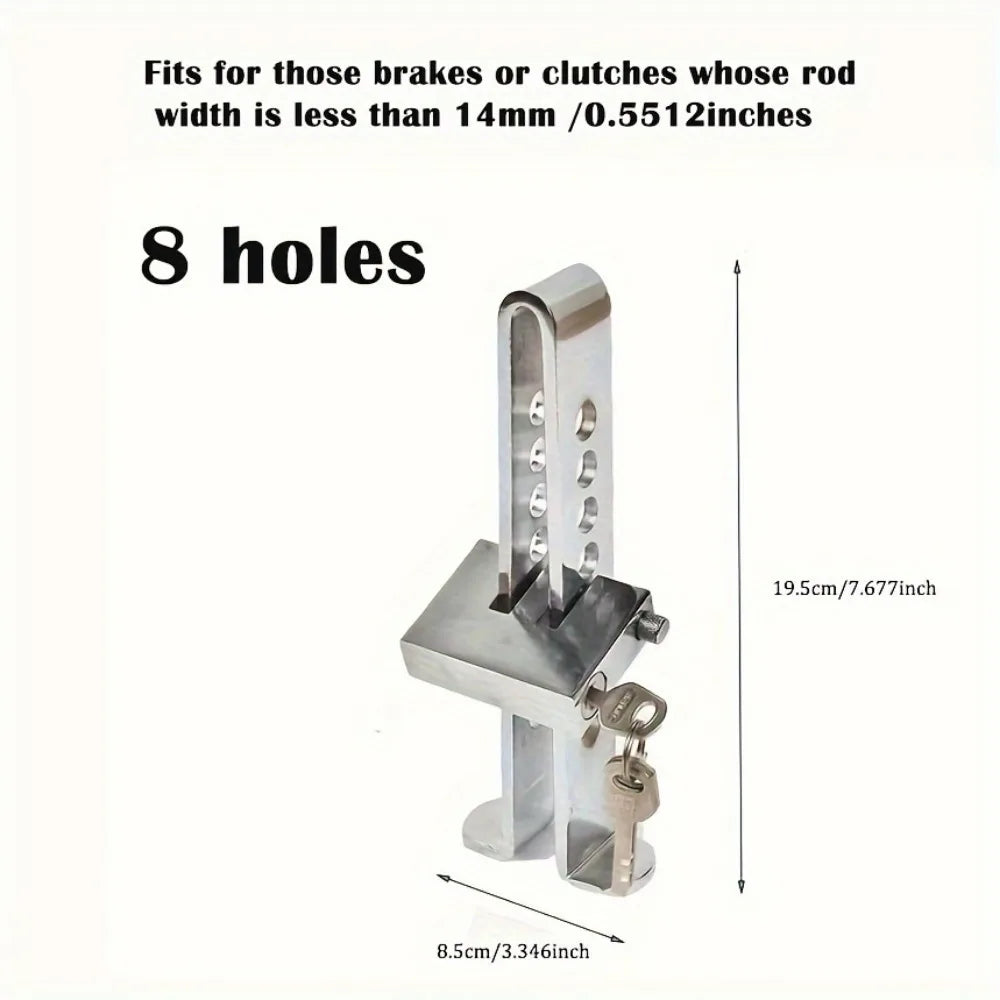 Stainless steel adjustable brake pedal lock with 8 holes and a mounting plate for vehicle brakes