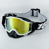 Black and white motorcycle goggles with yellow tinted lenses and a gray strap.