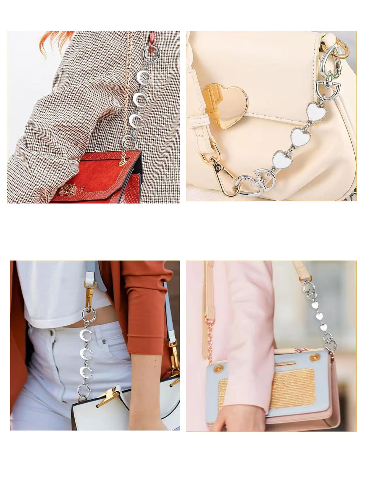 Nahaufnahmen einer beige Tasche mit silbernem Kettenverlängerungs-Hardware und einer roten Tasche mit goldenen Akzenten.