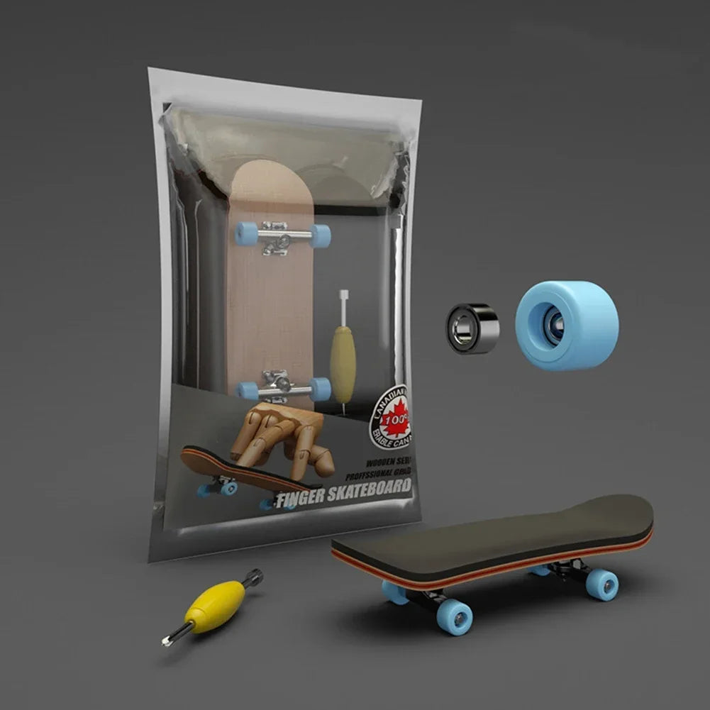 A wooden finger skateboard is shown inside a clear plastic bag with accessories and a complete board lying outside.
