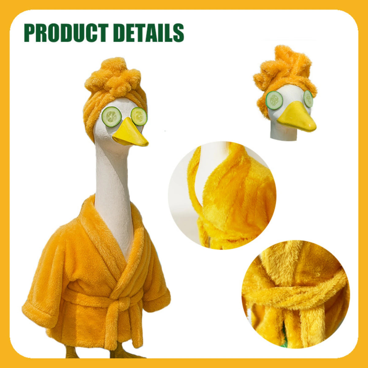 A yellow garden goose costume set featuring a headpiece and matching fluffy fabric.