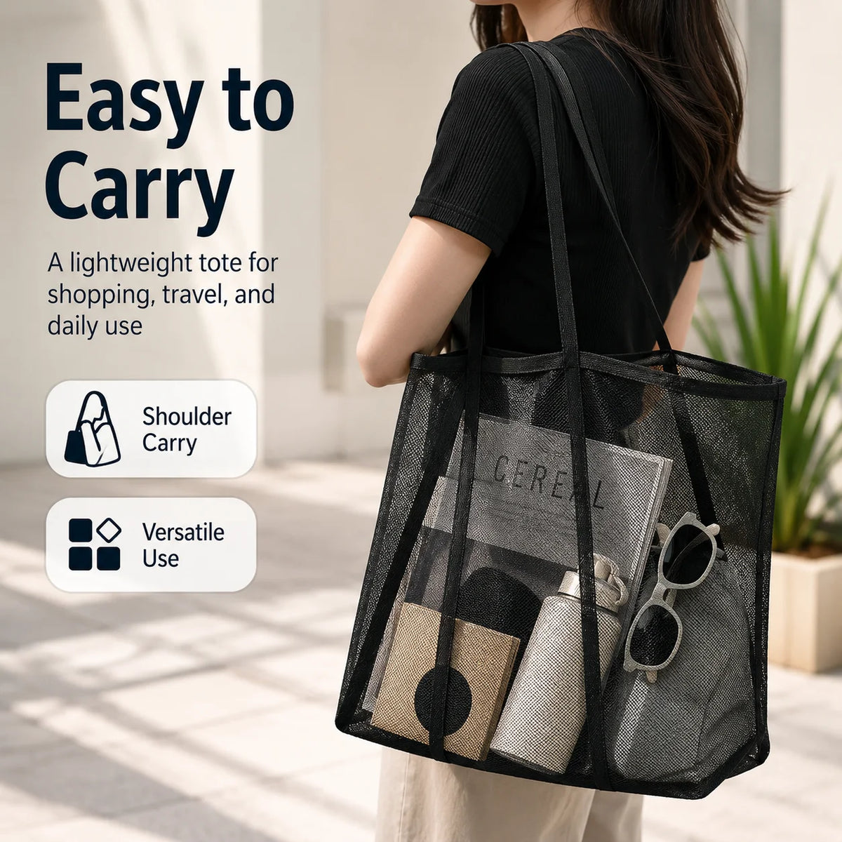 A person is holding a black breathable mesh tote bag designed for easy carrying and versatile use.