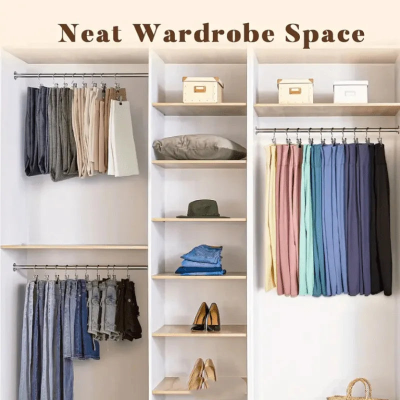 A neat wardrobe space showing clothes hanging on rods and folded items on shelves.