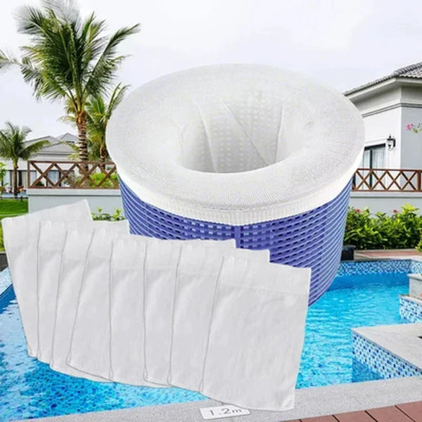 White and purple reusable pool skimmer filter socks submerged in blue water.