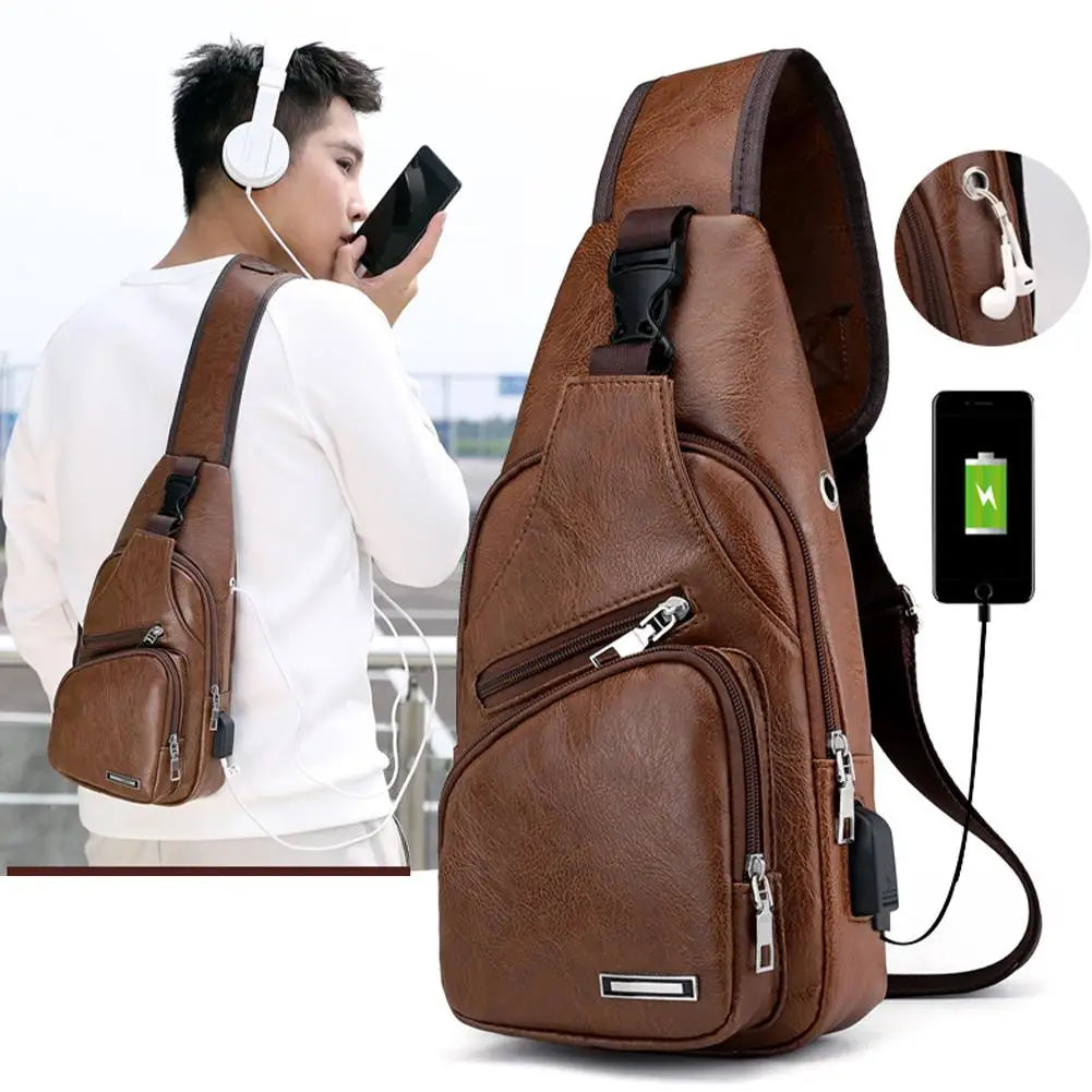 A brown men's crossbody sling bag is shown being worn by a man, with an inset showing the USB port.