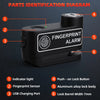 Parts identification diagram showing components of a fingerprint alarm disc brake lock device.